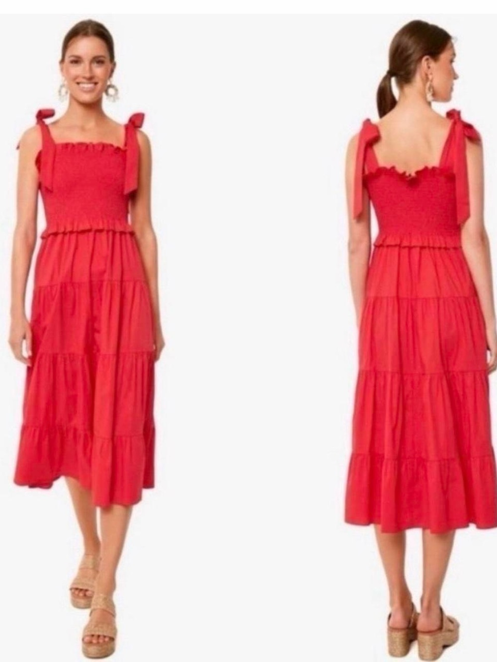 Tuckernuck Coral-Red cotton summer Tie-Shoulder Smocked Tiered Midi Dress